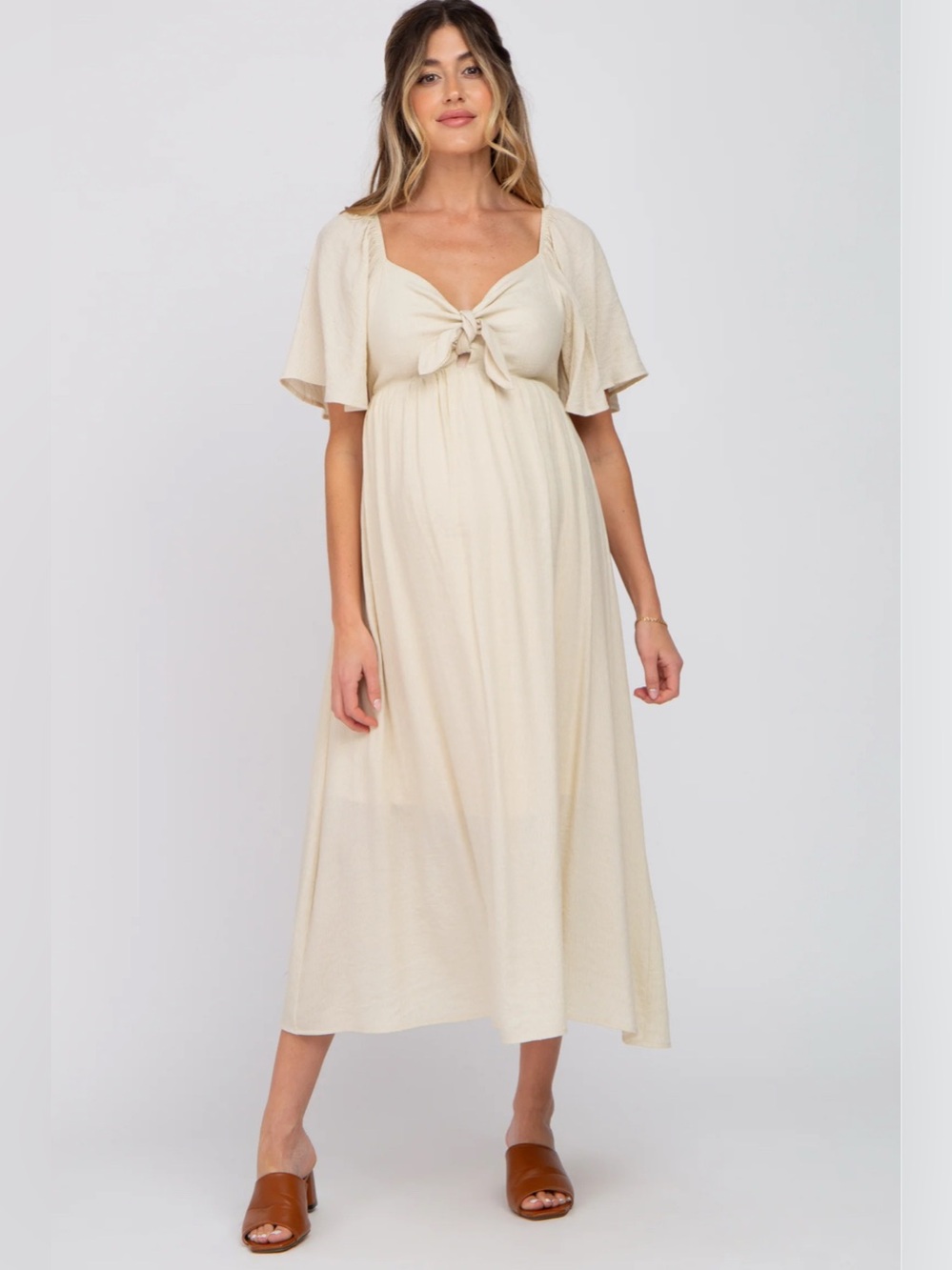 PinkBlush Beige Front Tie Ruffle Sleeve Maternity Midi Dress